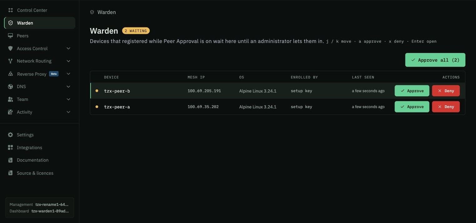 Warden inbox showing two devices waiting for approval with Approve and Deny actions